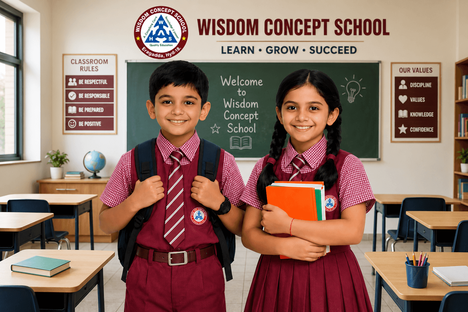 Students and campus at Wisdom Concept School, Erragadda, Hyderabad